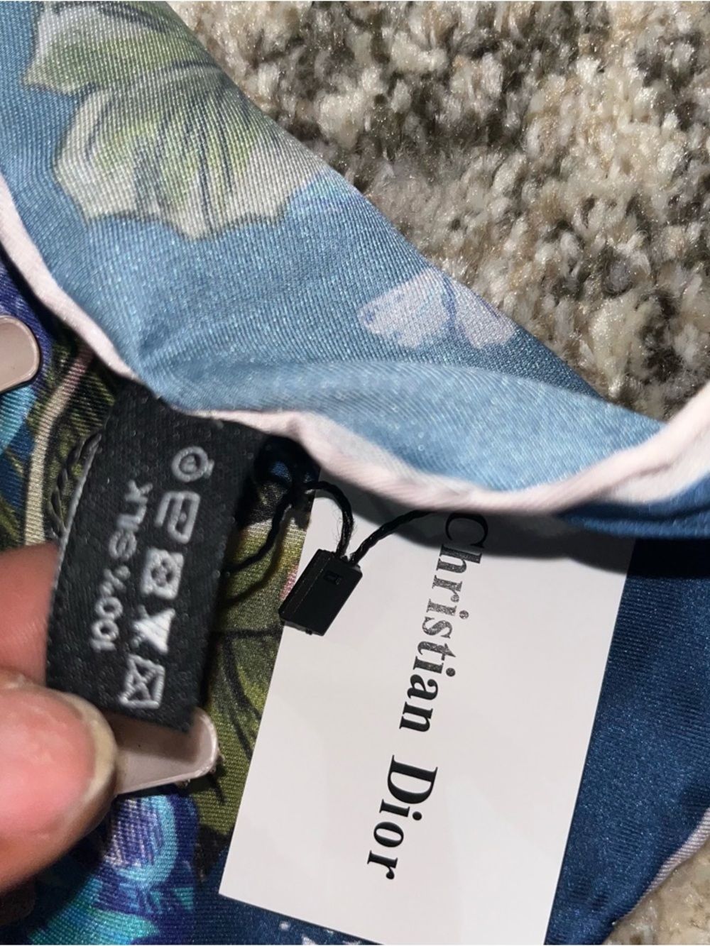 Dior Navy and Light Pink Silk Scarf with Logo Tag - Picture 3 of 3